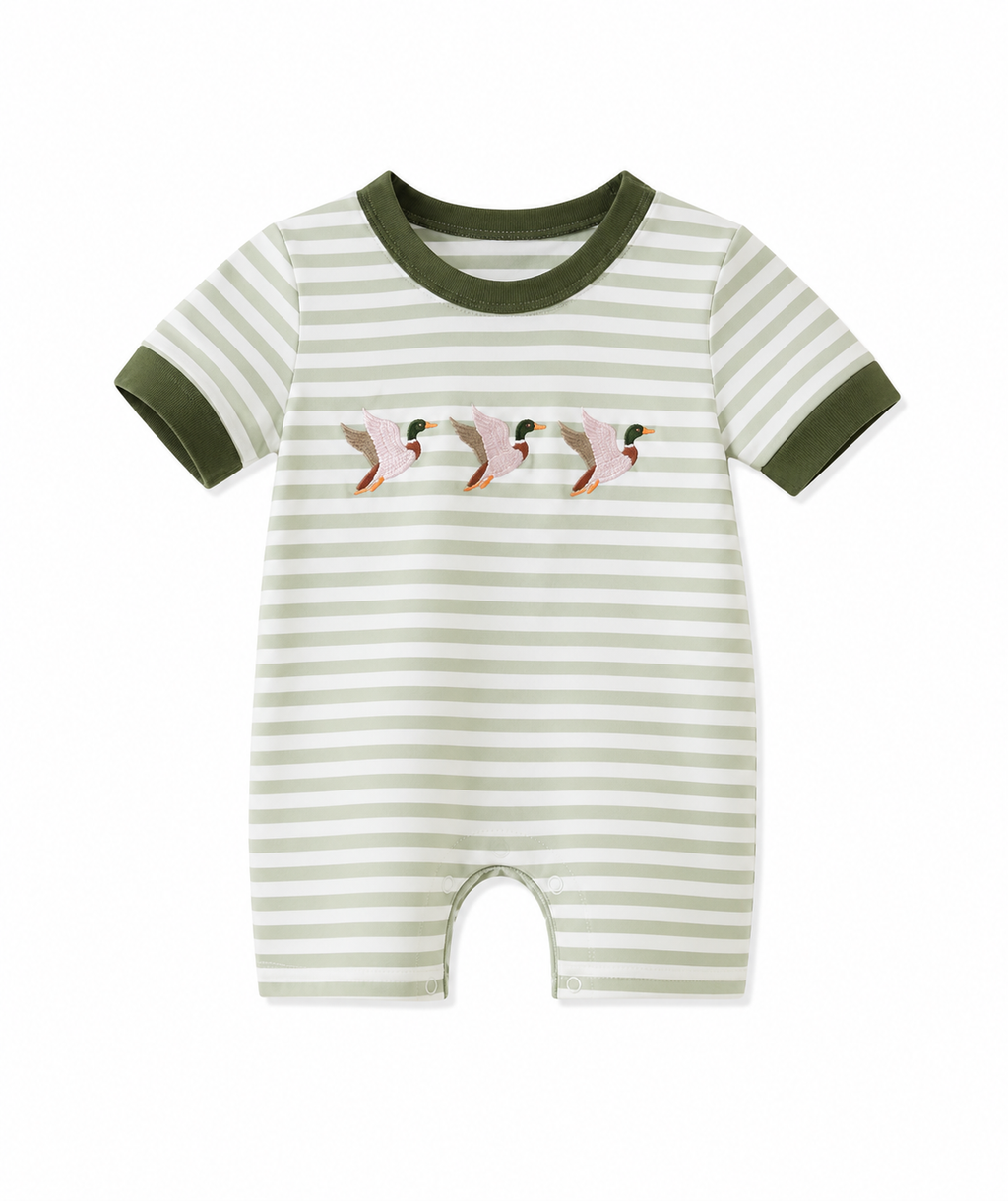 Green Duck Embroidered Stripe Romper
